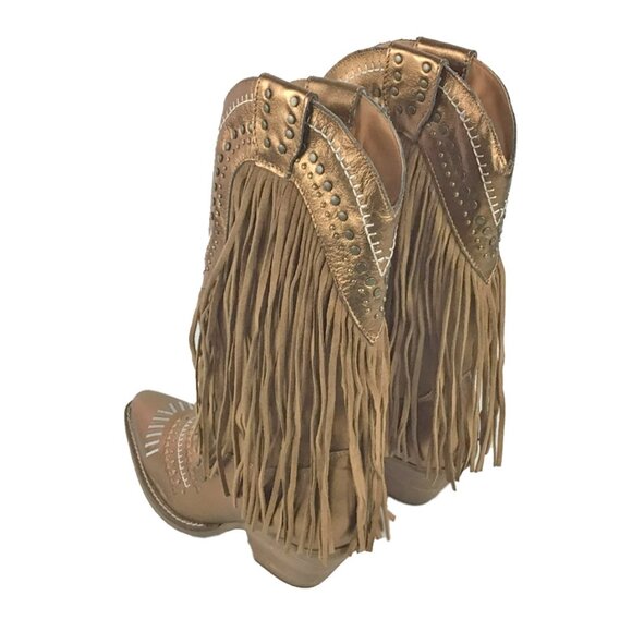 Dingo Gypsy Studded Fringe Metallic Snip Toe Cowboy Boots Brown - Picture 7 of 12